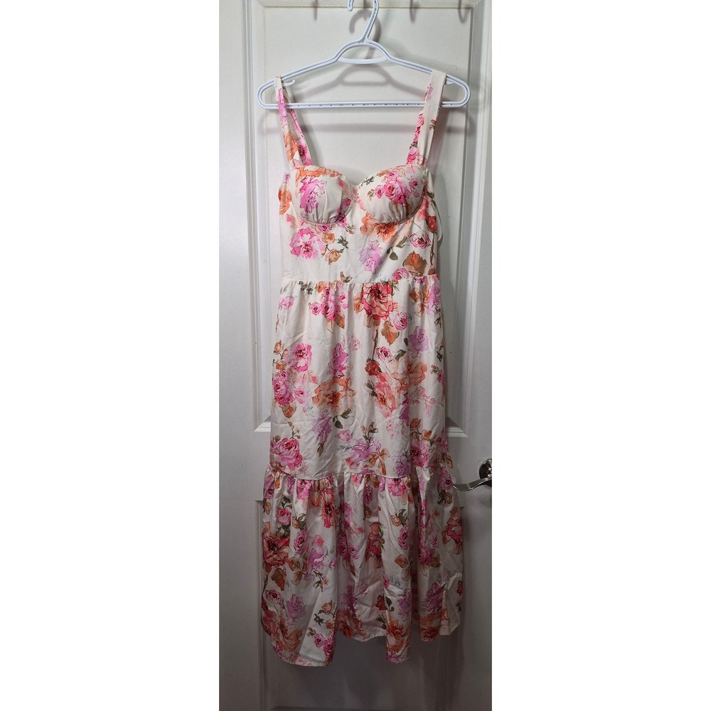 Floral Tiered Midi Dress with Spaghetti Straps - Pink on Cream